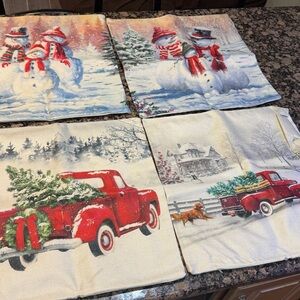 New Set of 4 Festive Snowman and Red Truck Holiday Pillow Covers